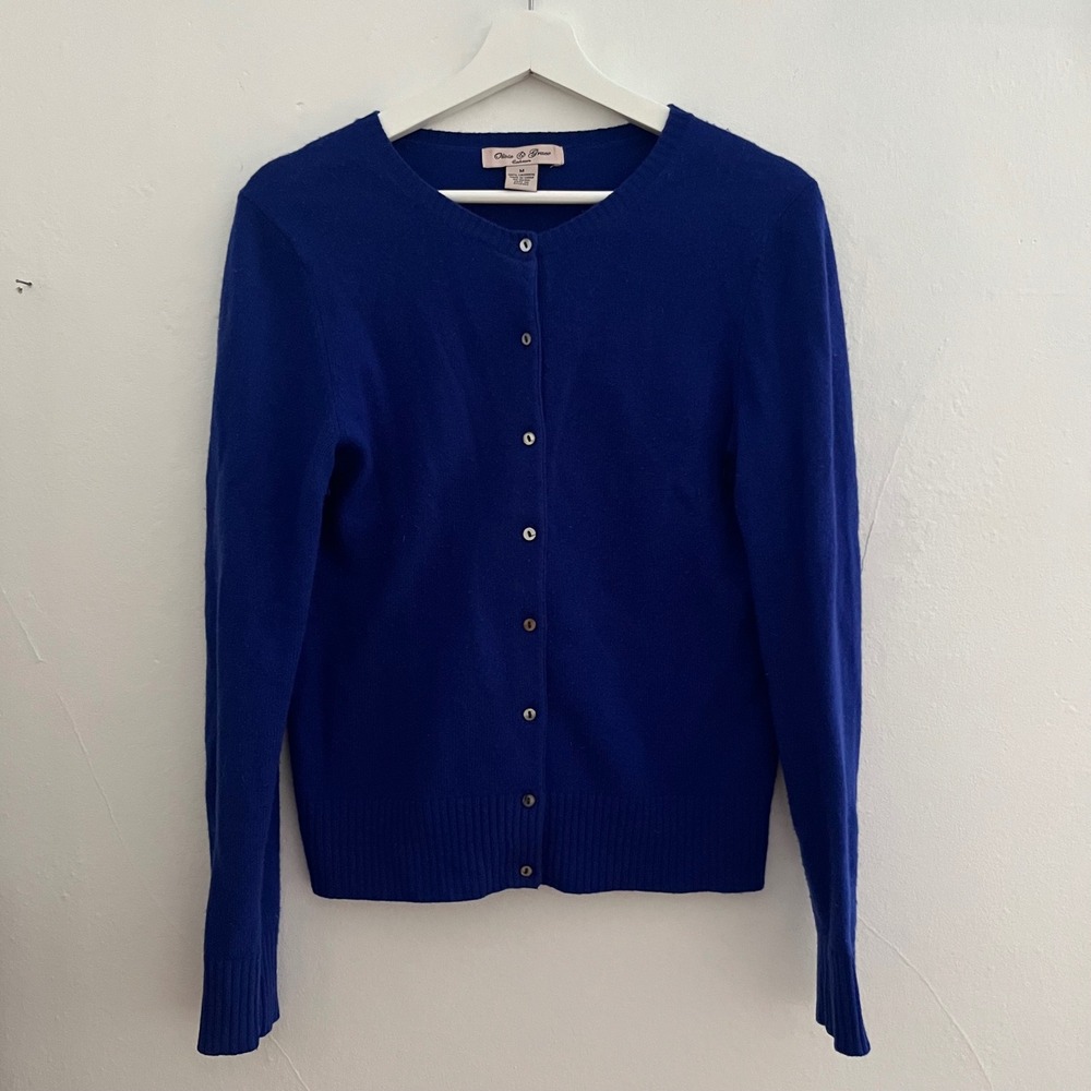 Olivia & Grace Button Down 100% Cashmere Royal Blue Cardigan M Quiet Luxury